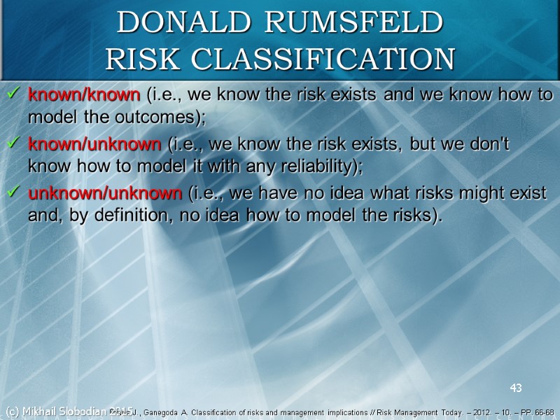 43 DONALD RUMSFELD RISK CLASSIFICATION  known/known (i.e., we know the risk exists and